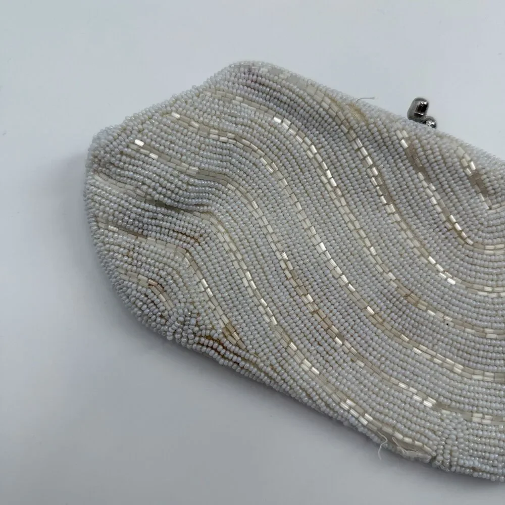 Vintage Unbranded Ivory Beaded Silver Clutch Evening Bag Small Dainty Bridal